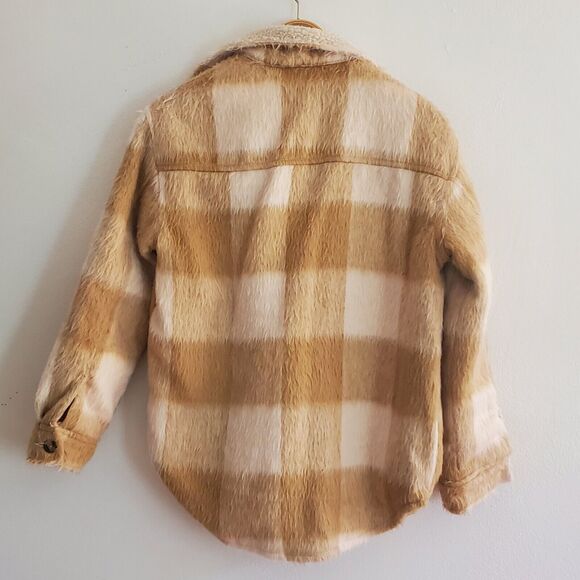 American Eagle Terry Lined Coat Tan Tartan Plaid Button Up Cozy Grunge Outdoor - Picture 2 of 12